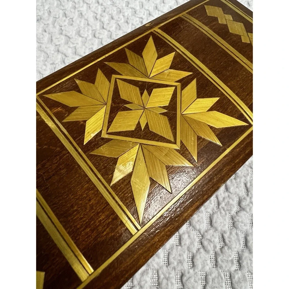 Vtg USSR Russian Inlaid Wood Jewelry Trinket Box Soviet Era MCM Boho Handmade